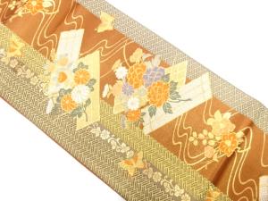 橋に花筏・蝶模様織り出し　袋帯
